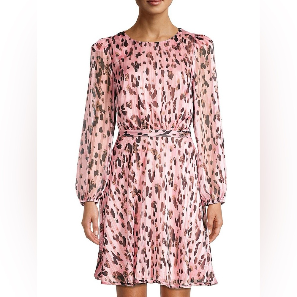 MILLY Pink Leopard Print Metallic Sheer Puff Sleeve Ling Sleeve Mini Dress Sz 2